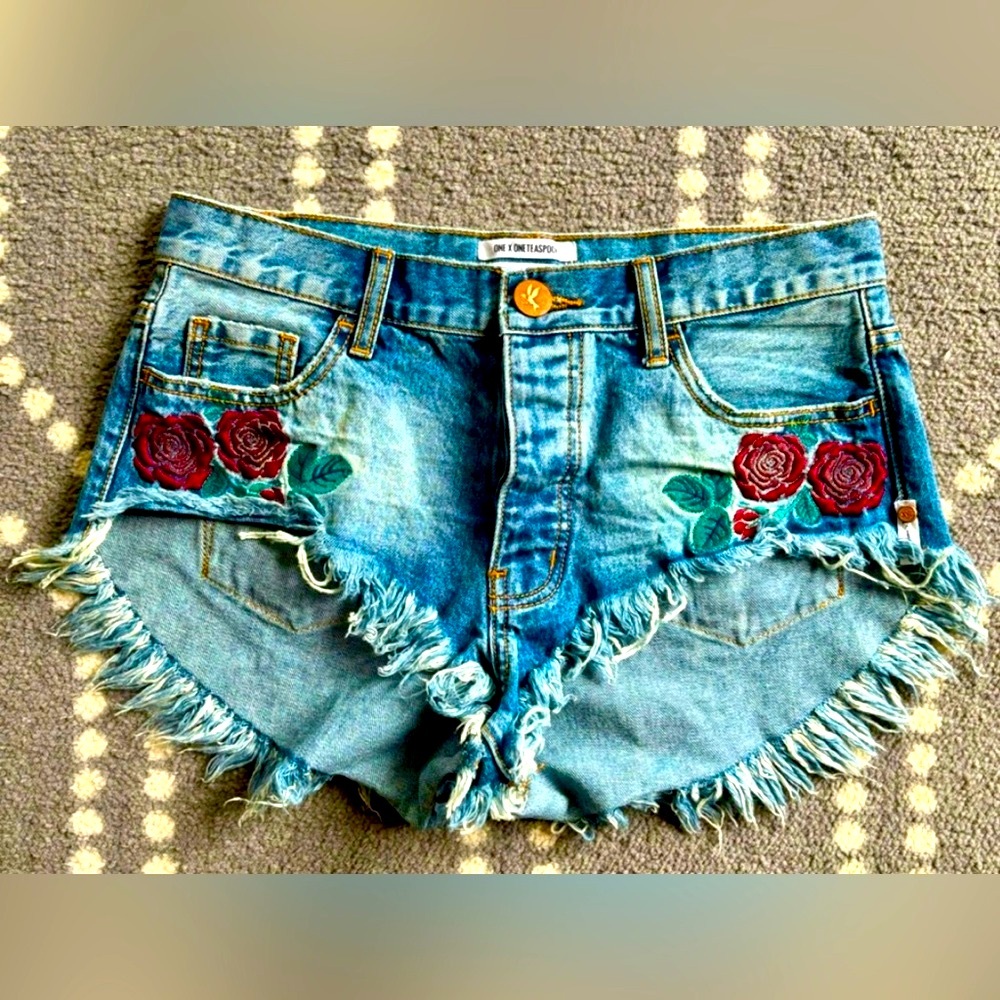 One Teaspoon Embroidered Rose Shorts. “Rollers”. Low waist, long rise, raw hem.